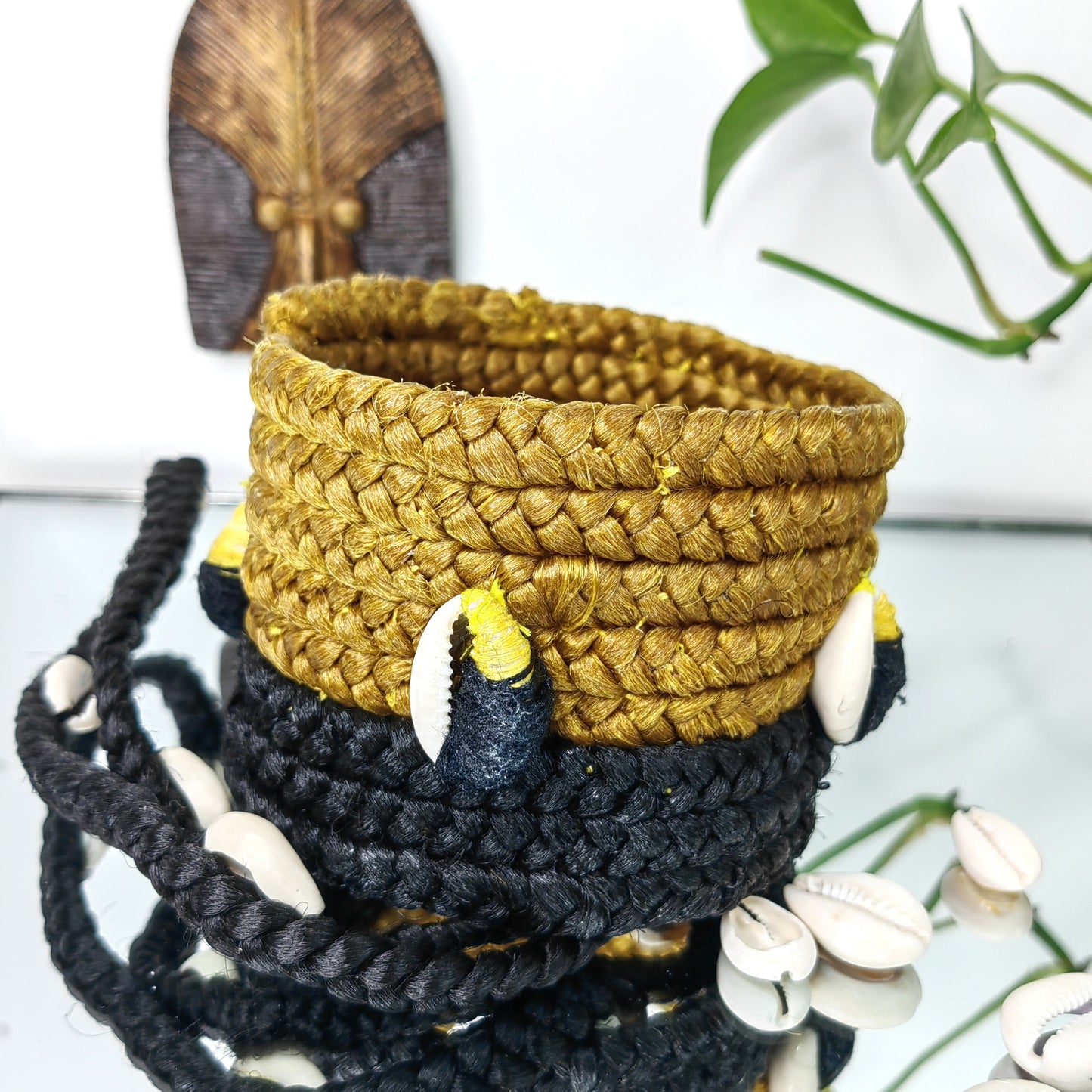 Bracelet cheveux en tresse 3 en 1-JAUNE MOUTARDE NOIR