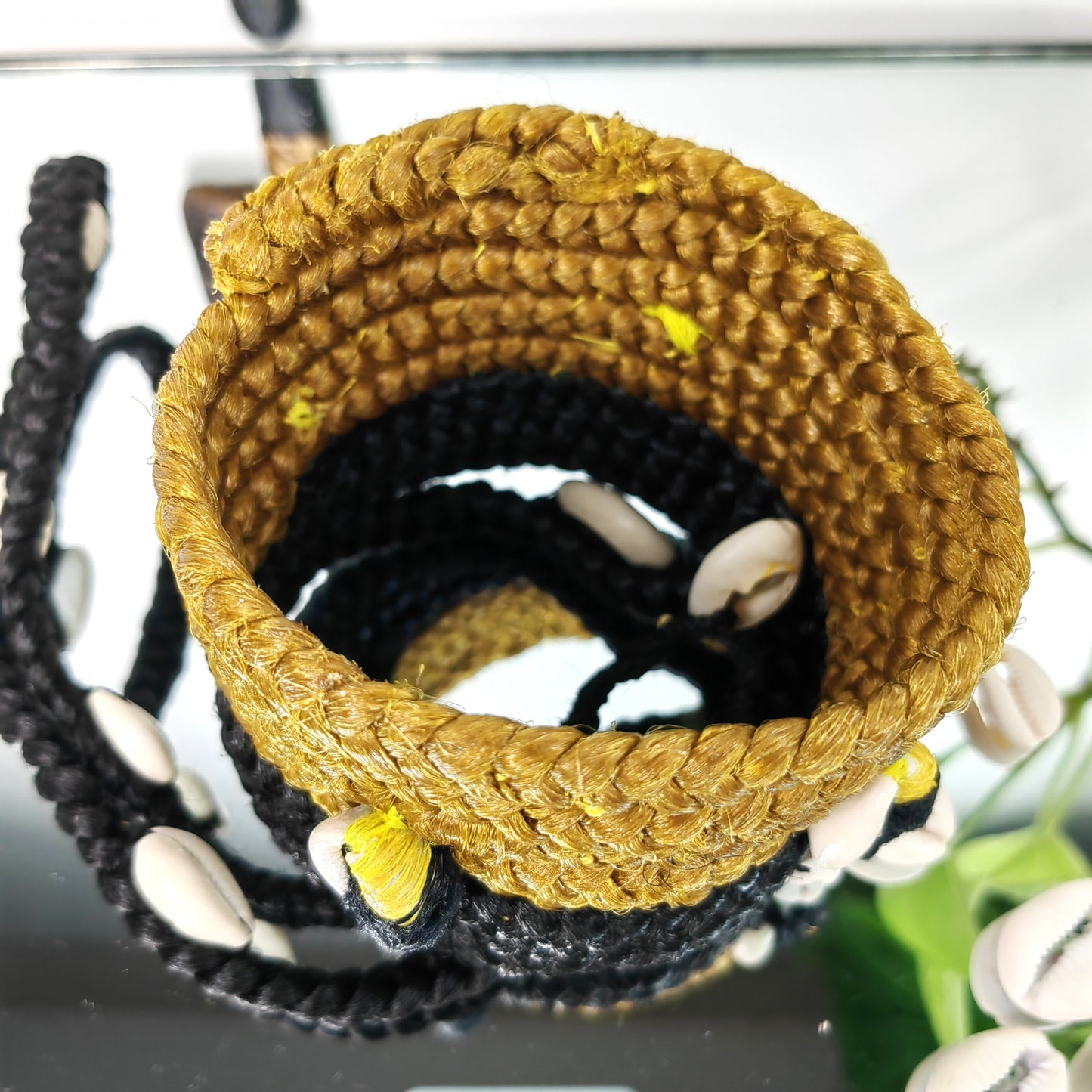 Bracelet cheveux en tresse 3 en 1-JAUNE MOUTARDE NOIR