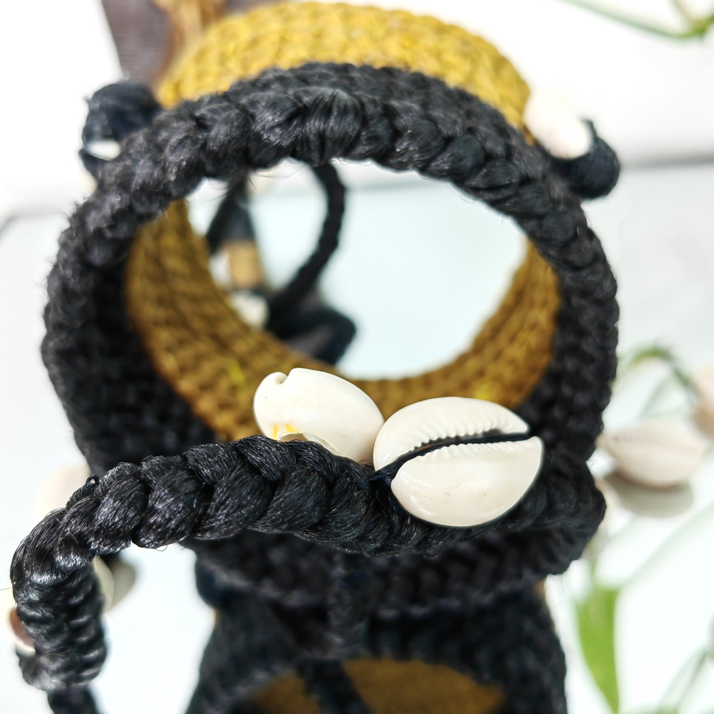 Bracelet cheveux en tresse 3 en 1-JAUNE MOUTARDE NOIR
