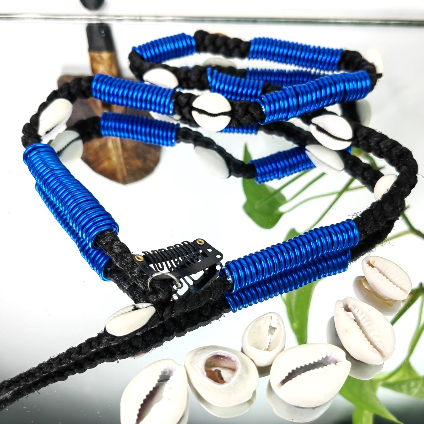Clip en tresse noir avec Spirale bleu