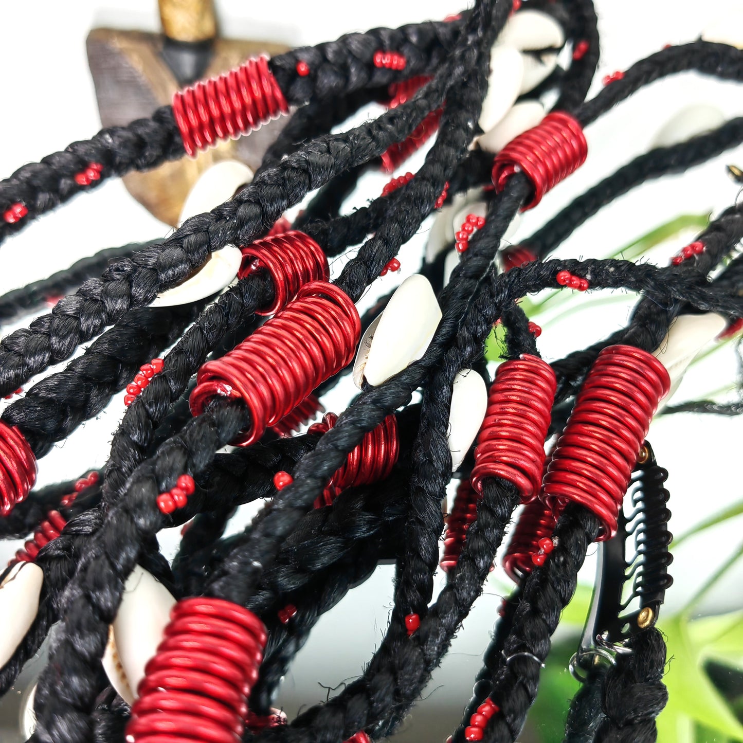 Lot de 3 Clip en tresse noir avec Spirale rouge et perles