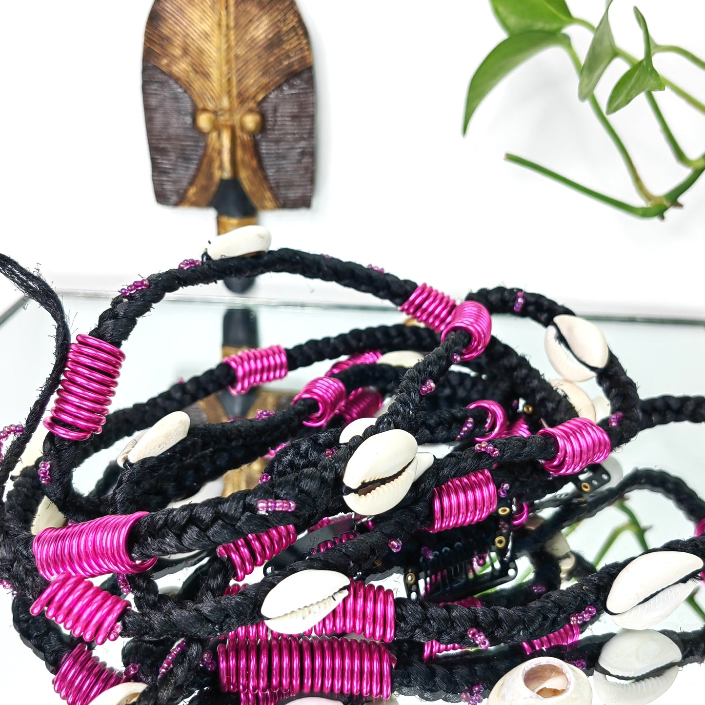 Lot de 3 Clips en tresse noir avec Spirale rose et perles