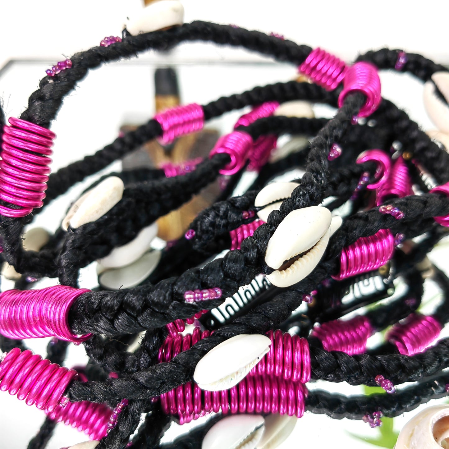 Lot de 3 Clips en tresse noir avec Spirale rose et perles