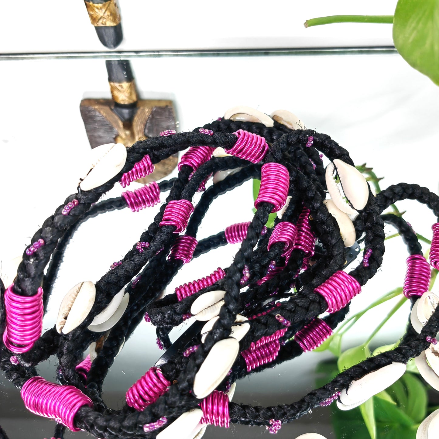 Lot de 3 Clips en tresse noir avec Spirale rose et perles