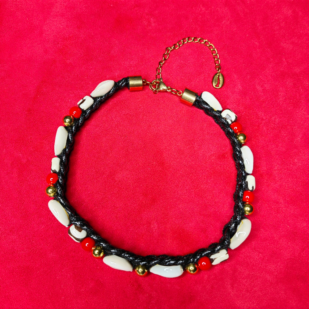 Collier Tressé — Os de Corne & Corail Rouge