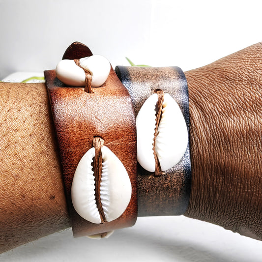 Lot de 2 bracelets cauris en cuir
